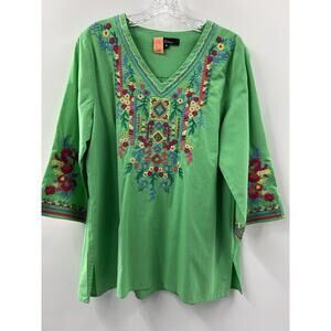 Calessa Women’s 3/4 Sleeve Embroidered Cotton Green V Neck Tunic Size Medium